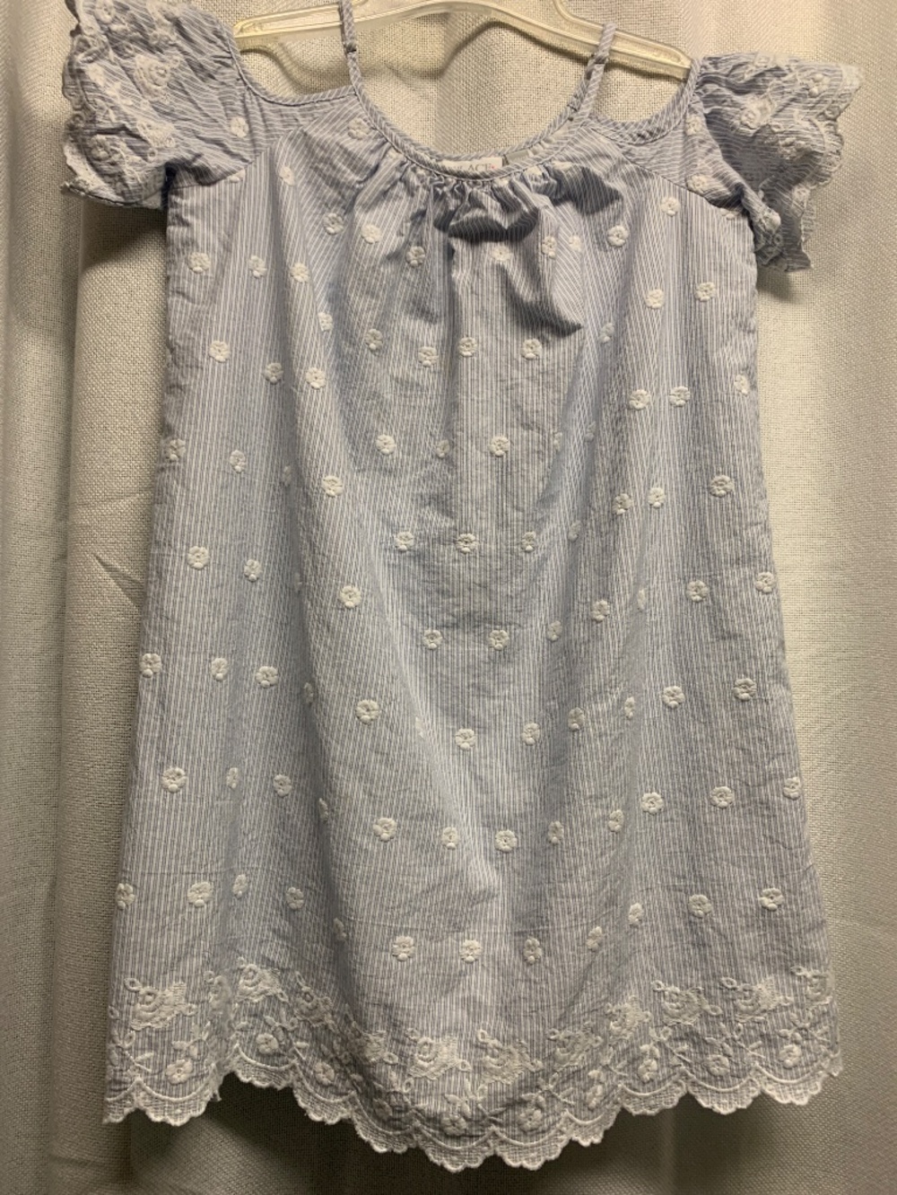 The Children's Place Girls L 10-12 BlueStriped w/ White Floral Embroidered Dress